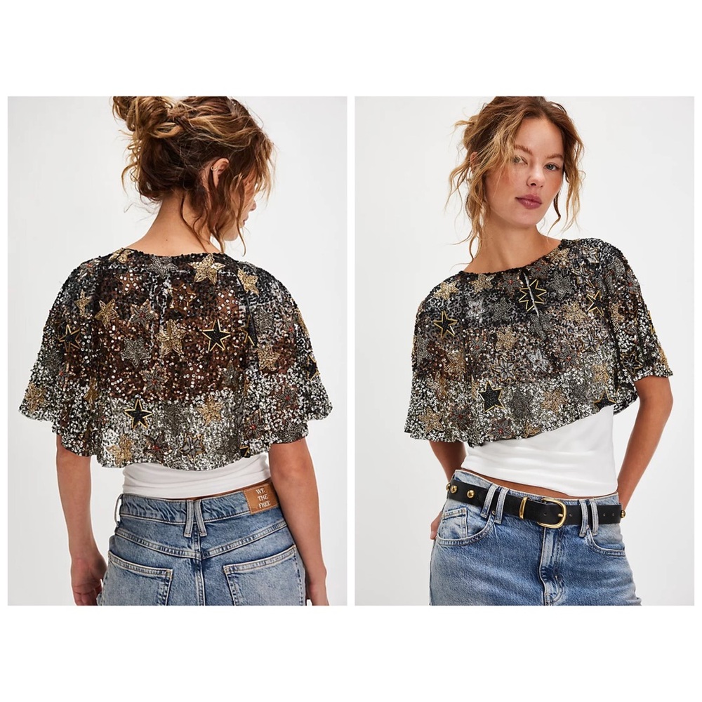 Free People Star Of The Show Cape Embellished Star Beaded One Size